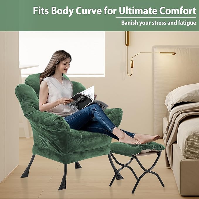 Youtanic Lazy Chair with Folding Ottoman, Accent Chair Plush Upholstered with Metal Structure and Non-Slip Pads, Sofa Armchair with Footrest and Side Storage Bag for Dorm, Room, Office, Green