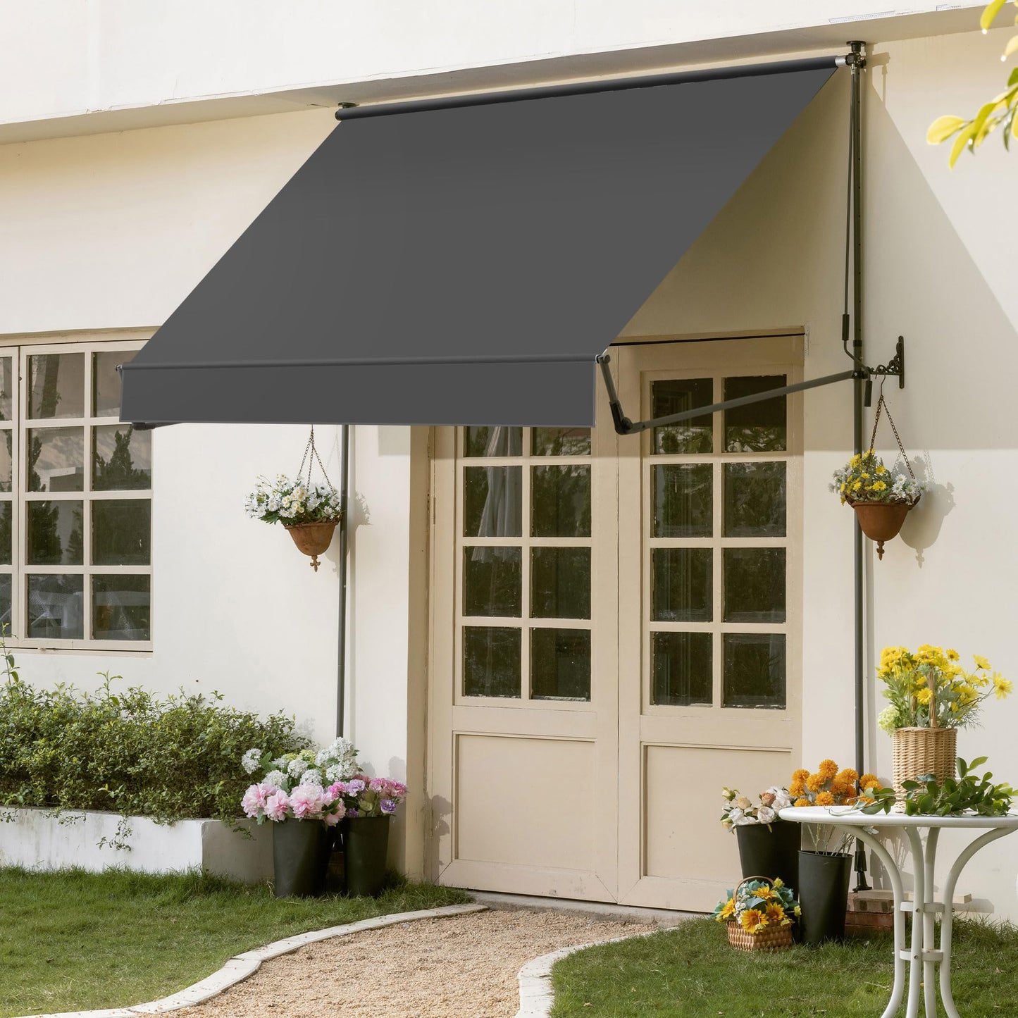 HOMEDEMO Manual Retractable Awning 118"x118" Foldable Side Bar 30°-180°,Outdoor Patio Awning Height Adjustable 82-118in Retractable Awning UV 50+ Protection,NO Drilling Awings for Backyard