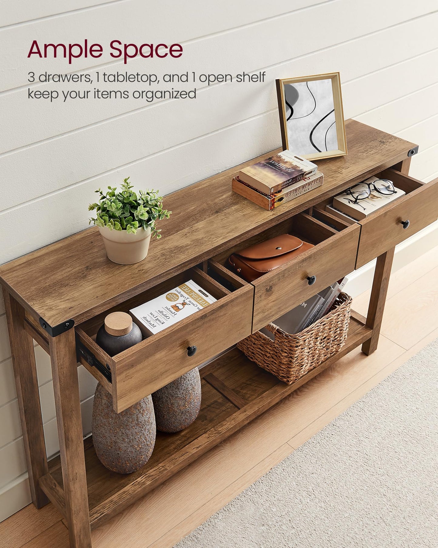 VASAGLE Console Sofa Table, Narrow Entryway Table with 3 Drawers, Open Storage Shelf, Metal Corners, for Living Room, Farmhouse Style, Honey Brown ULNT142K41