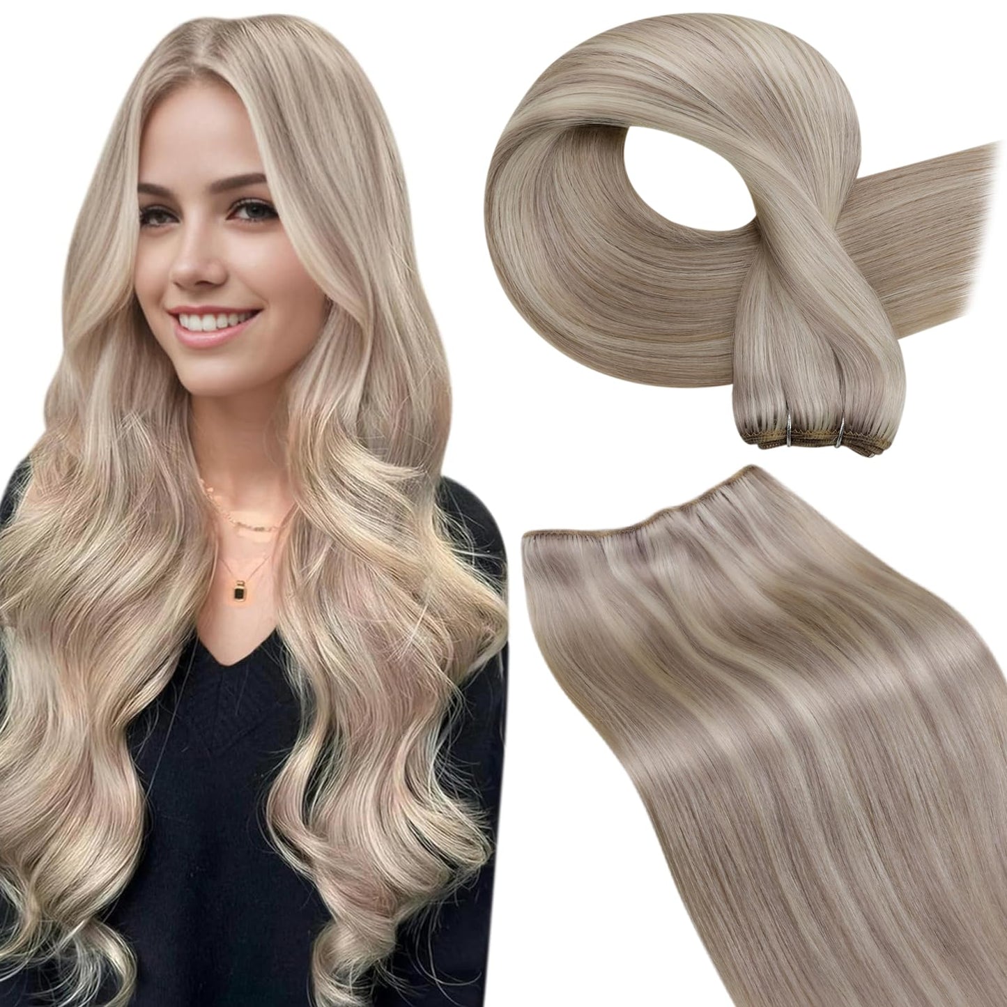 LaaVoo Weft Hair Extensions Human Hair Double Weft Sew in Hair Extensions Real Human Hair Blonde Highlights Hair Extensions Sew