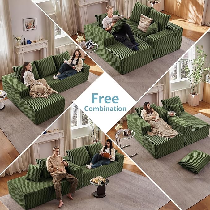 107" W Cloud Sectional Couch with L-Shape Chaise, Modern Corduroy Boneless Couch for Living Room,Memory Foam Sofa with Deep Seat,No Assembly Required (Green,Left-Facing Chaise)