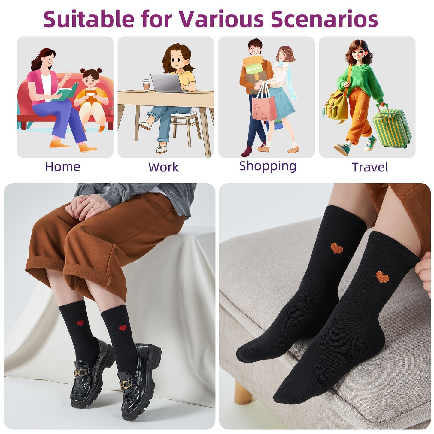 inhees Women's Cute Heart Crew Socks - 6 Pairs Cotton Novelty Casual Athletic Aesthetic Socks (Gift box)