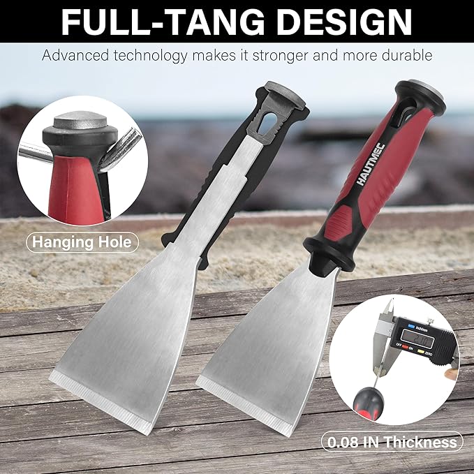 HAUTMEC 3pc Putty Knife Set, 1.25 in - 2 in - 3 in Paint Scraper, Flat Heavy Duty Stainless Steel Blade and Hammer End for Removing Wallpaper for Puttying Plaster, Cement HT0062-PT