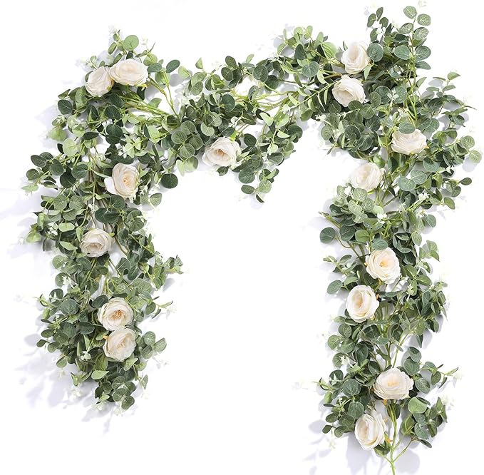 Der Rose 2Pcs 13FT Artificial Eucalyptus Flower Garland with Fake Rose Flower Vine Seeded Eucalyptus Leaves Greenery Garla...
