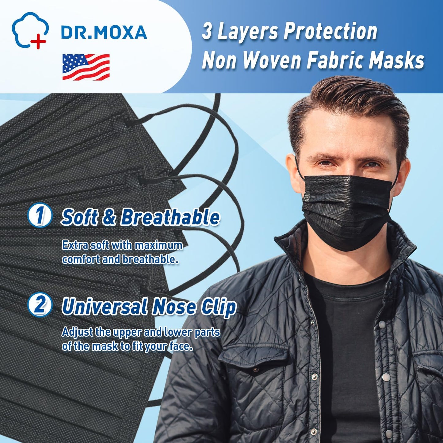 100 Pack Medical Grade Black Disposable Face Masks-Protective 3 Ply Face Mask for Adults, Comfortable,Soft, Breathable