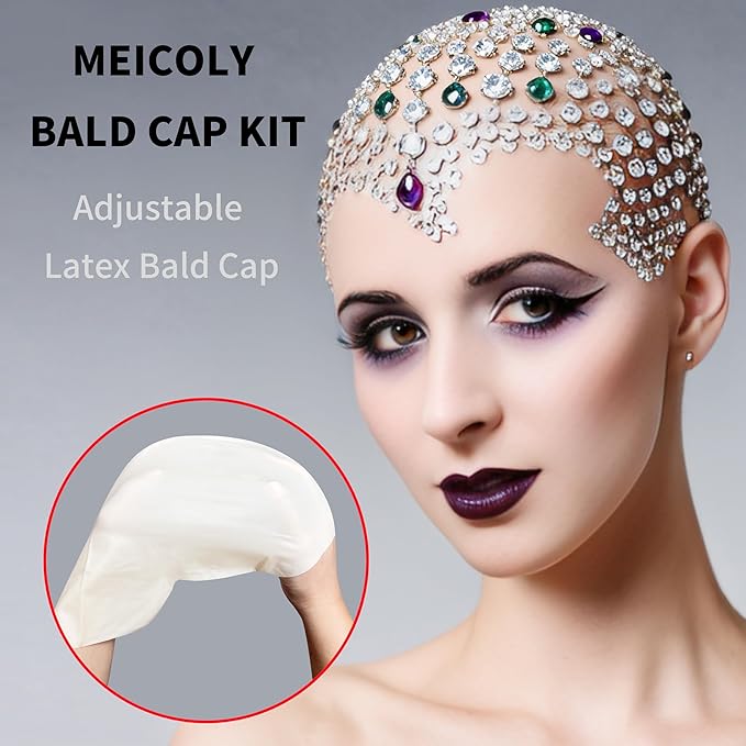 MEICOLY Bald Cap Kit for Women and Men,All-in-One Bald Cap Costume Set for Halloween SFX Makeup,Cosplay,Performance Stage,Theatre,Film,Spirit Gum and Remover Kit,Setting Powder,Liquid Latex,10PCS