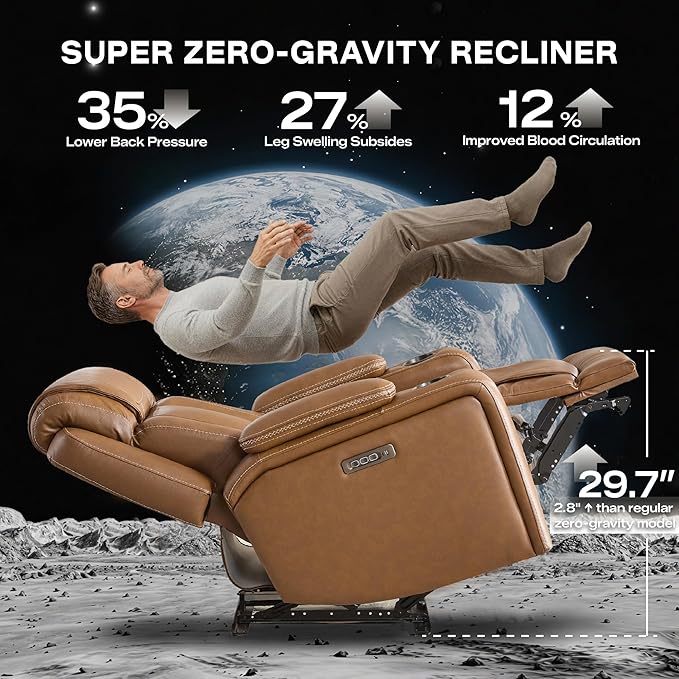 Watson & Whitely Genuine Leather Electric Recliner Chairs, Oversized Super Zero Gravity Recliner Triple-Motor W Adjustable Lumbar Headrest Support & Hidden Storage, Saddle Brown