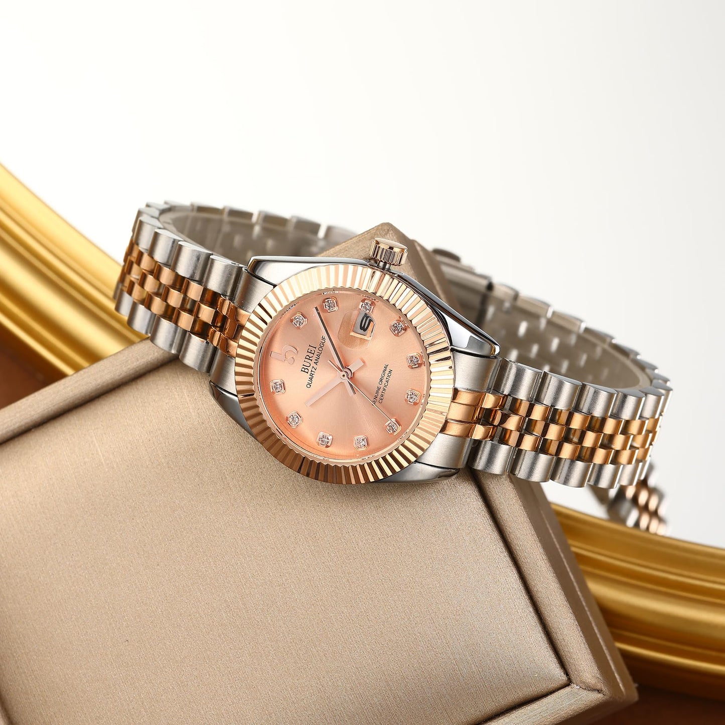 BUREI Women's Rose Golden Watch Silver Stainless Steel Classic Quartz Women Watches with Date Fashion Business Small Face Diamond Waterproof Ladies Watches,Gift for Women