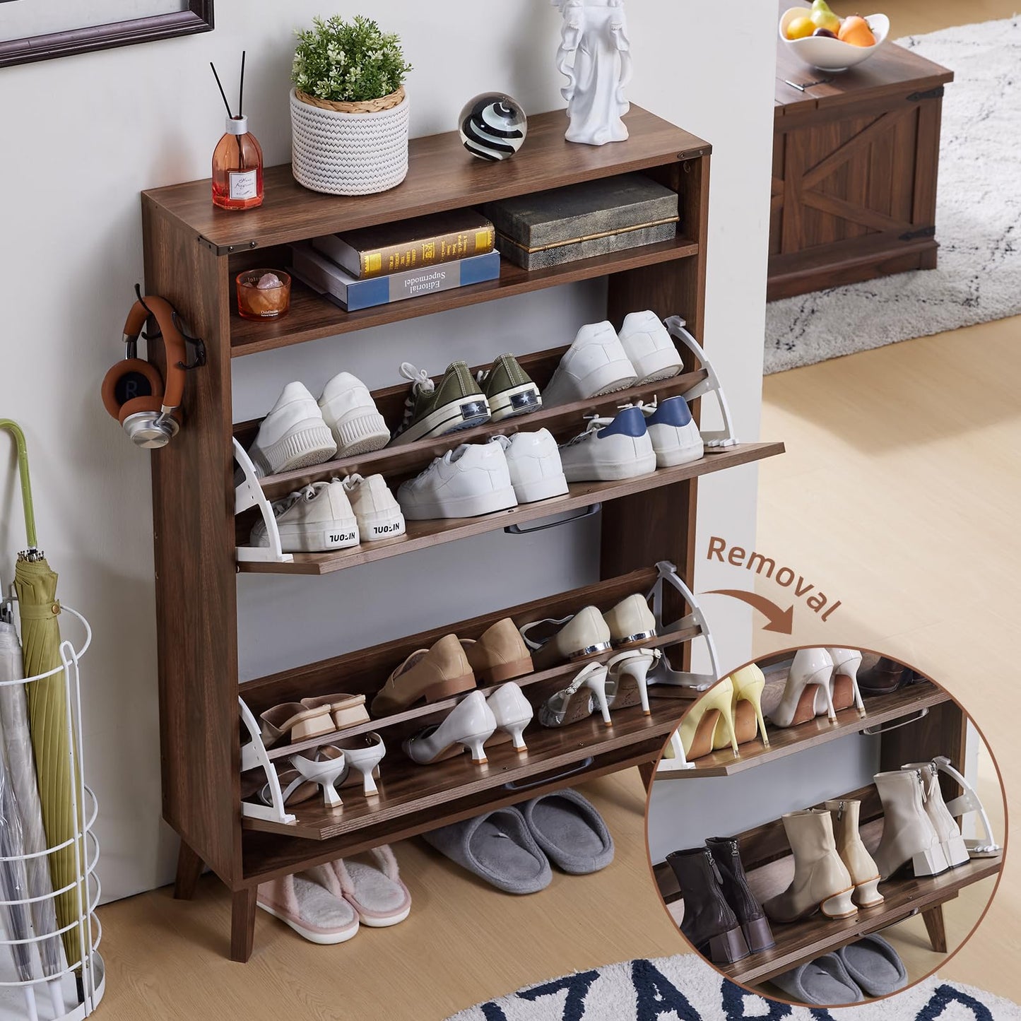 Joaxswe Shoe Storage Cabinet for Entryway with 2 Flip Drawers, Farmhouse Shoes Organizer with Wood Legs, Narrow Hidden Shoe Rack with Open Storage Shelf, Slim Shoe Closet for Hallway, Brown Walnut