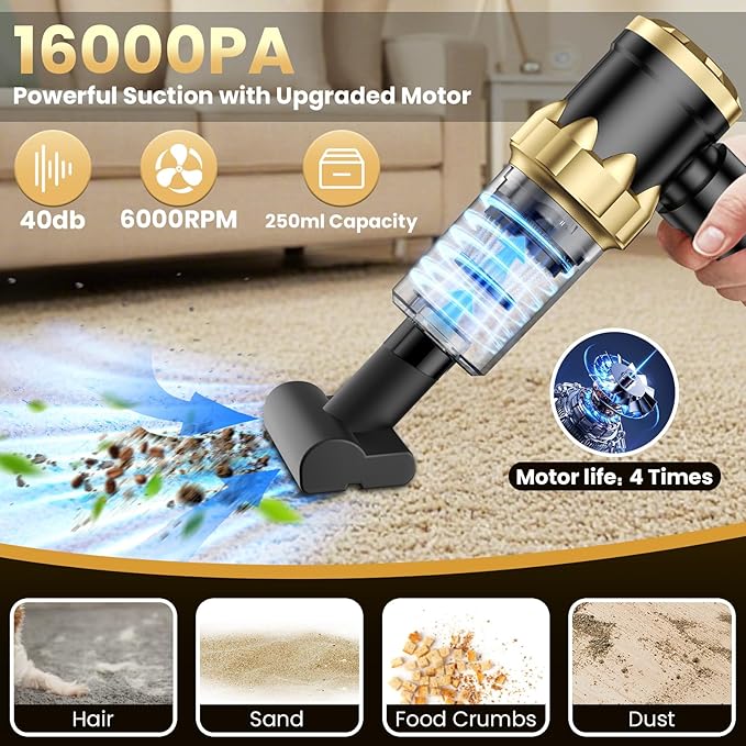 Car Vacuum Portable Cordless - Handheld Vacuum Cleaner with 16000PA Strong Suction, 7-in-1 Air Duster/Blower, Rechargeable Mini Vacuum with Long Battery, Multi-Nozzles for Car,Home, Office, Pet