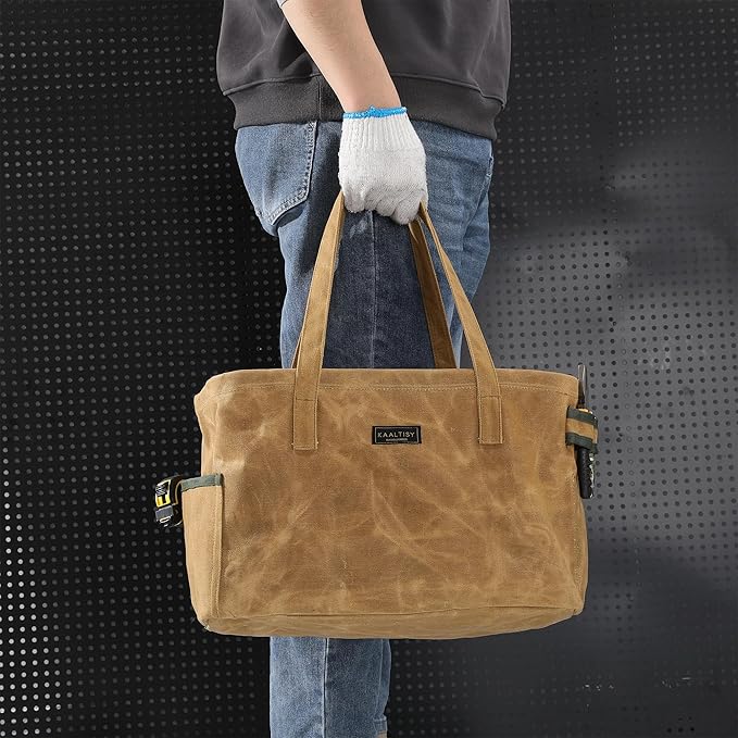 Open Top Tool Bag, Heavy Duty 16oz Waxed Canvas Tool Bag with Inside Pockets & Sturdy Handles - for Gardner Carpenter Craftsman - Tool Tote Bag Pouch | 15"Lx7"Wx10"H | Khaki