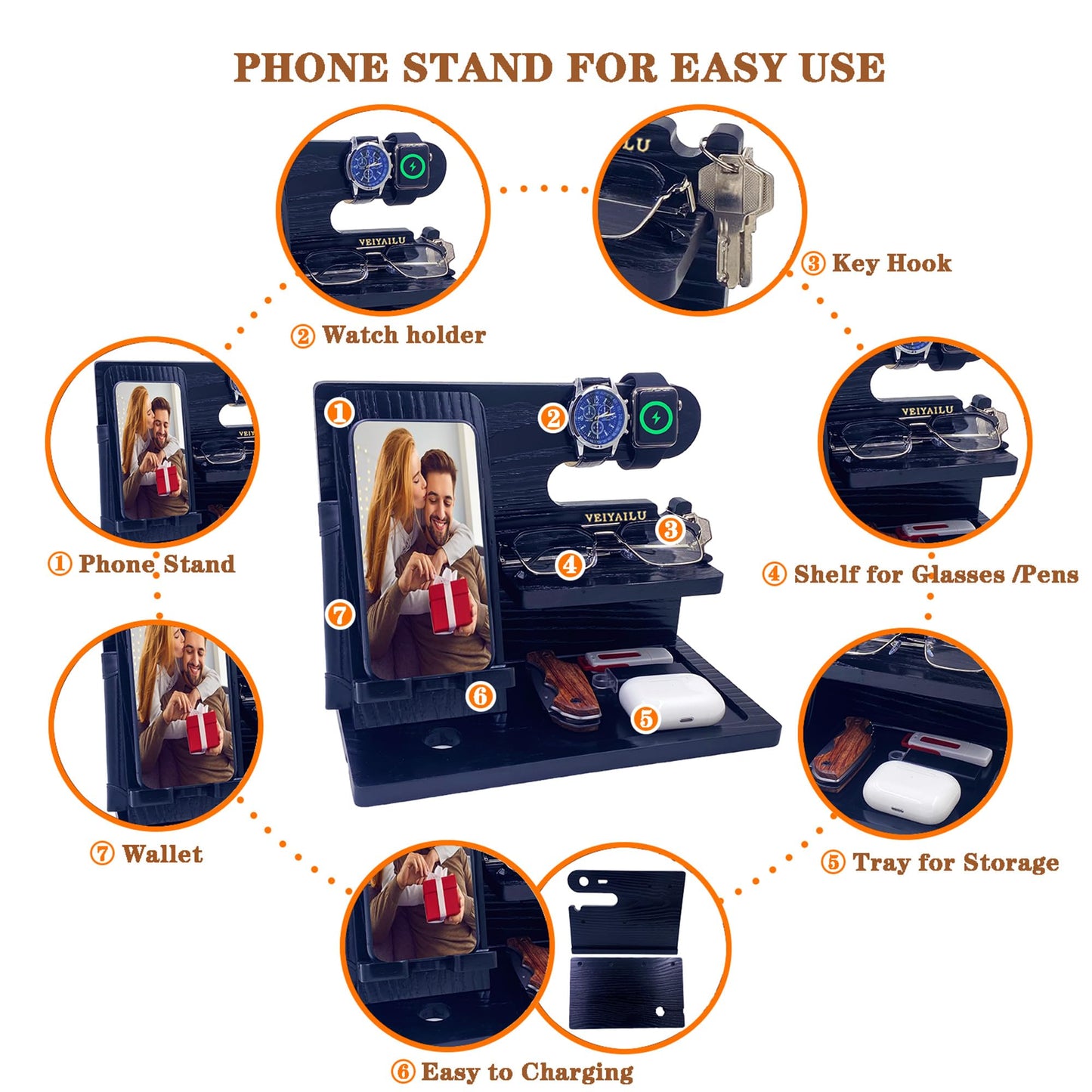 VEIYAILU Gifts for Dad Men Mom Women from Daughter Son Birthday Gifts Nightstand Organizer Mens Wood Phone Docking Station (Black)