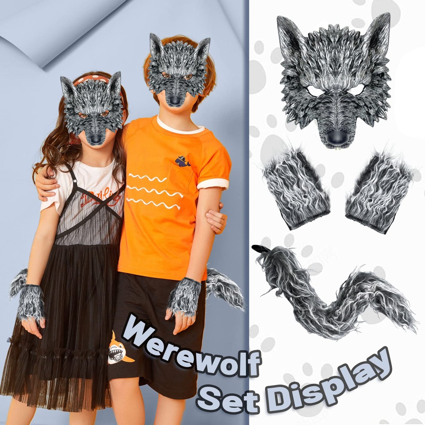 Exlinonline Wolf Costume Headwear (WW-099) for Halloween Party - Includes Wolf Ears, Tails, Gloves and Mask - Perfect for Women, Men, Kids, Boys and Girls - One Size Fits Most