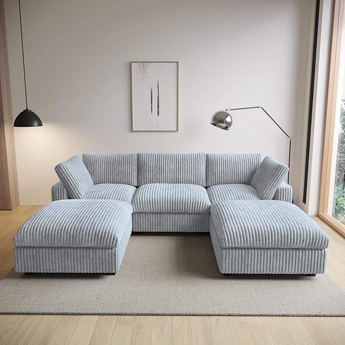 Modular Sectional Sofa/ 118inch Cloud Couches with Ottoman for Living Room/Soft Faux Rabbit Fur U Shaped Couch with Chaise,5 Seater Wide Convertible Sofa,Covers Washable&Replaceable,Grey