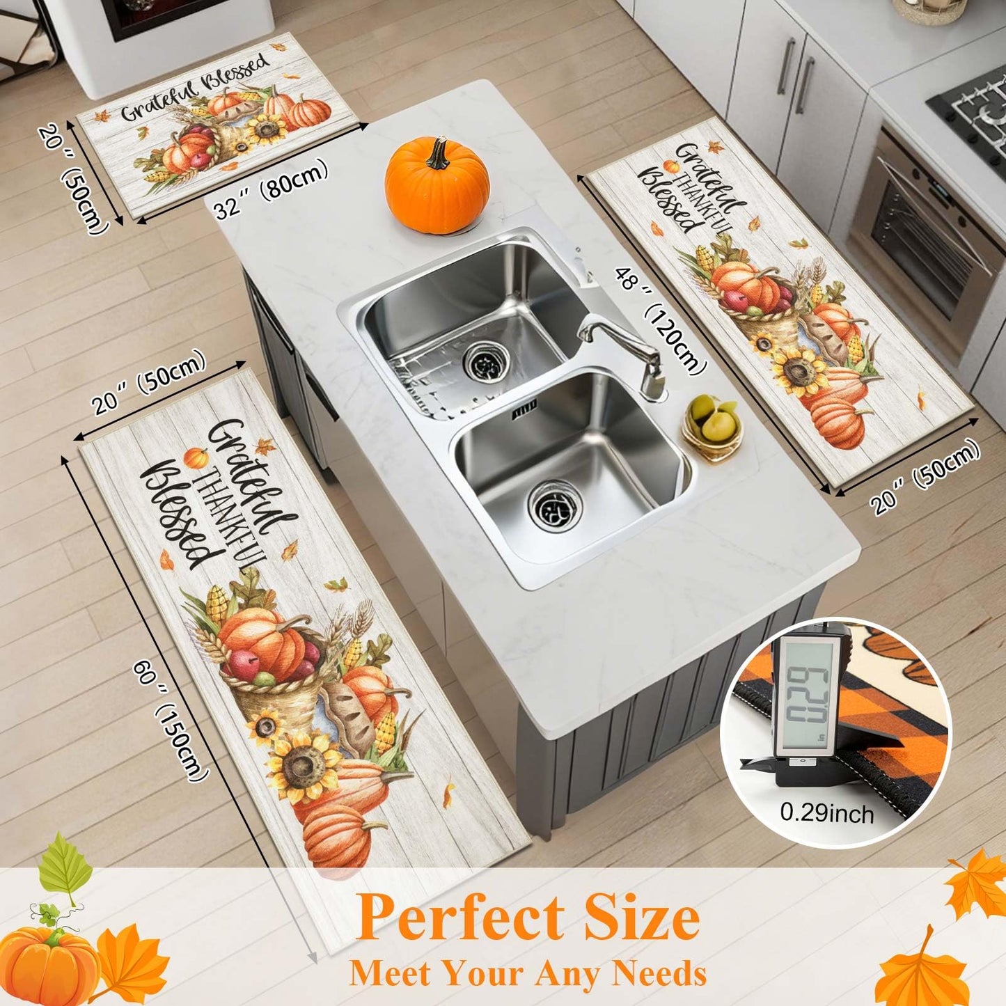HEBE Fall Kitchen Rugs Sets of 3, Non Slip Pumpkin Kitchen Rugs and Mats, Washable Kitchen Mats for Floor, Autumn Kitchen Runner Floor Carpet for Thanksgiving Holiday Decor