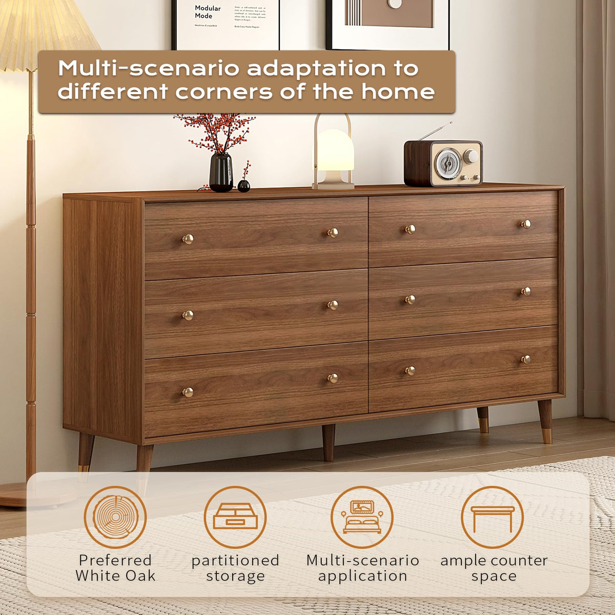 Messenya Mid Century Modern 6-Drawer Dresser, 55 Inch Wide Solid Wood Frame Chest, Walnut Finish, Beveled Design, Heavy-Duty Drawer Glides, Storage Cabinet for Bedroom, Living Room, TV Stand