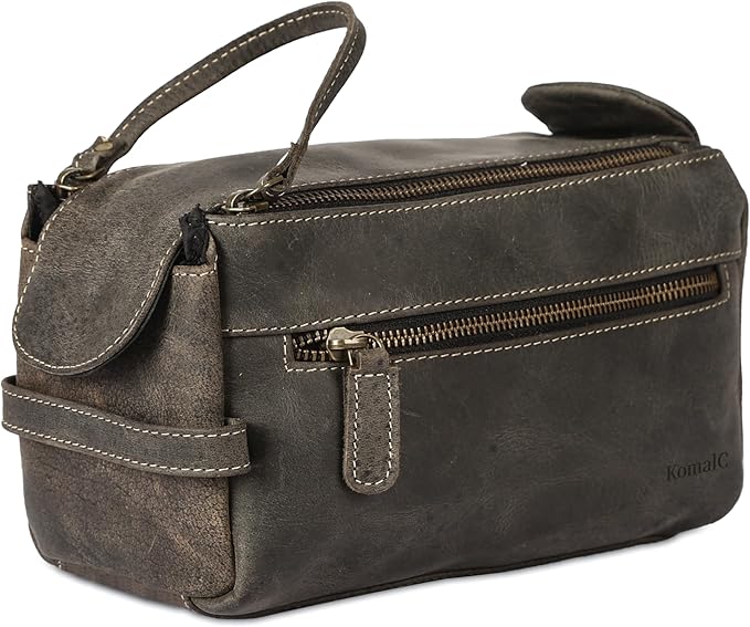 KomalC Premium Buffalo Leather Toiletry Bag for Men & Women – Leather Dopp Kit With Water resistant Lining, Premium Toiletry Travel Pouch, Unisex Wash Bag for Toiletries, Gifts for Men and Women