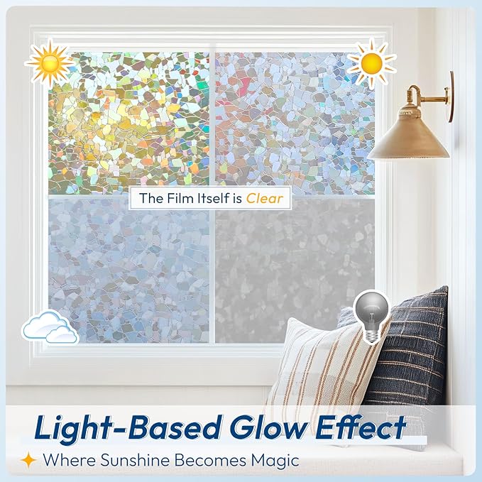 rabbitgoo Rainbow Window Privacy Film Decorative Stained Glass Diamond Pattern Window Sticker with Iridescent Tint Non-Adhesive Static Cling for Home Office Crystal Pattern, 17.5 x 118.1 inch
