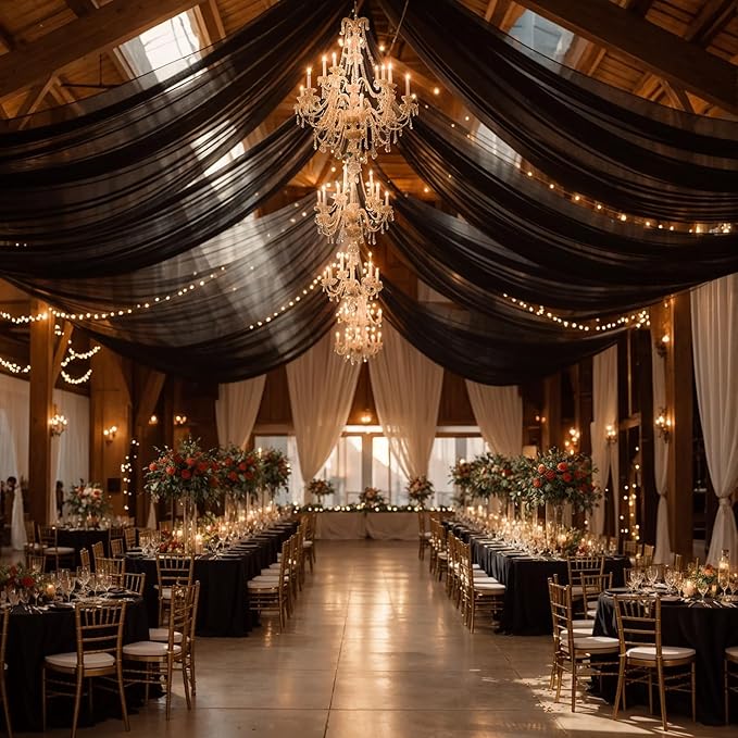 Wedding Arch Draping Fabric, 2 Panels 18FT Black Sheer Backdrop Curtain Chiffon Fabric Drapery Voile Scarf Draping Panels for Wedding Archway Ceremony Curtain Valance Party Decoration