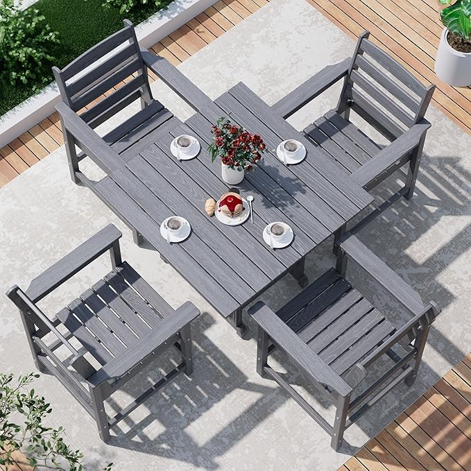 PamapicLife Outdoor HDPE Dining Table Set, 5-Piece All-Weather HDPE Outdoor Table and Chairs with Elegant Armrest, Wood Grain Patio Furniture Sets with Umbrella Hole for Porch, Backyard, Gray