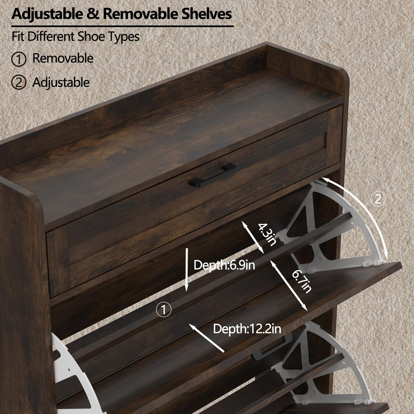 VINYUSE Shoe Cabinet with 2 Flip Drawers, Shoe Storage Cabinet for Entryway, Freestanding Hidden Shoe Cabinet Organizer with Storage Drawers, Narrow Shoe Rack with Legs, Rustic Brown, M