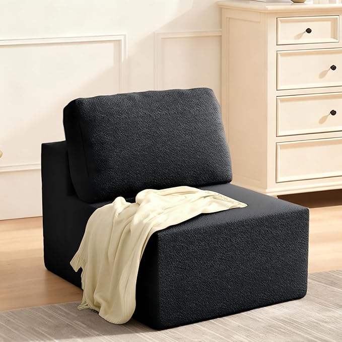 Furnify 30" Modular Upholstered Foam Couch, Upholstered Floor Sofa Couch with Pillow, Bean Bag Chair for Bedroom Living Room, No Assembly Required (Black, Teddy Boucle)