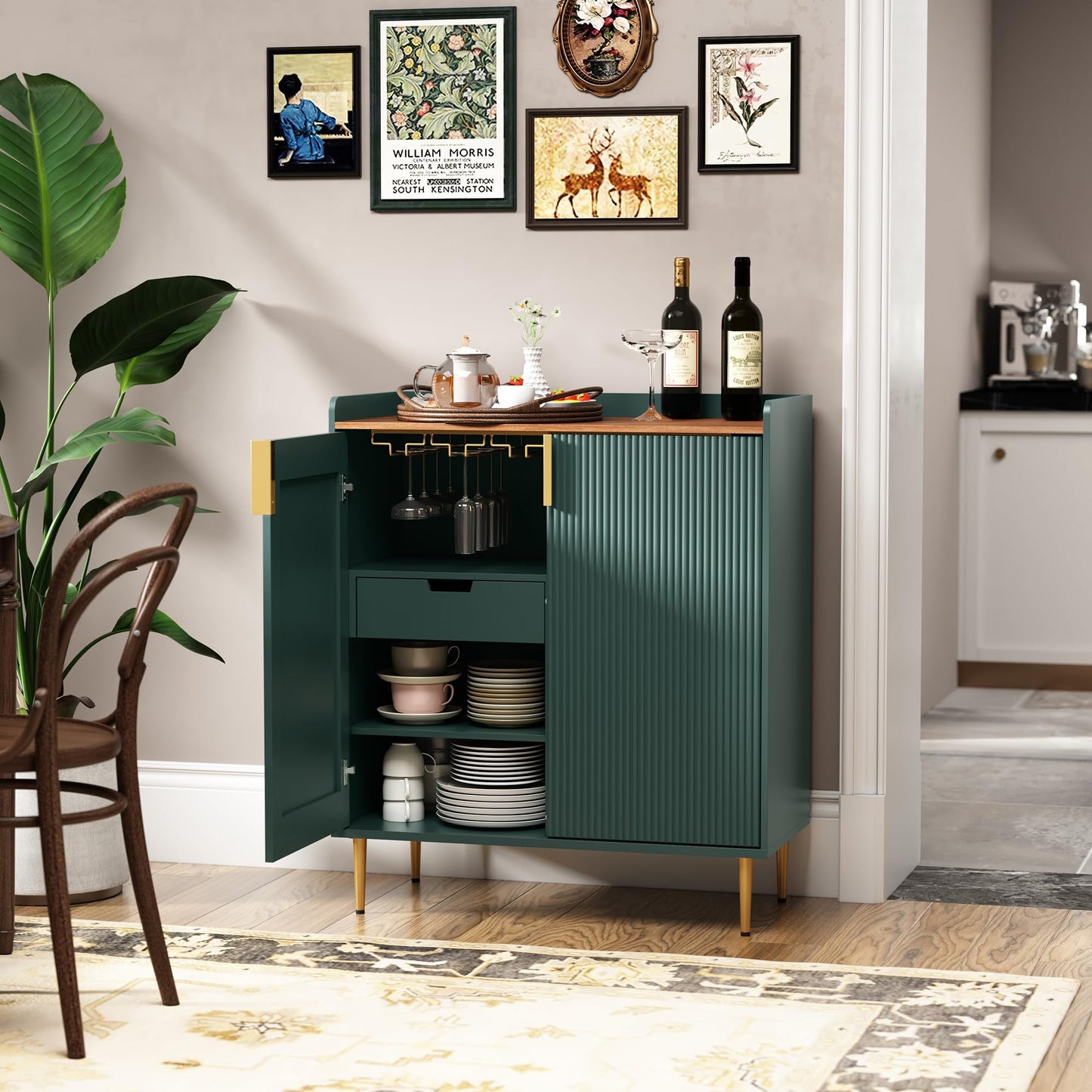 ARTPOWER Coffee Bar Cabinet with Wine Racks, Green Liquor Cabinet with Fluted Texture, Modern Sideboard Buffet Cabinet for Kitchen Dining Room, Living Room