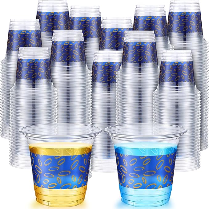 LemonRoad 100 Pcs Blue and Gold Rings Plastic Cup 12oz Clear Disposable Cartoon Cups Cold Beverage Drinking Container for ...