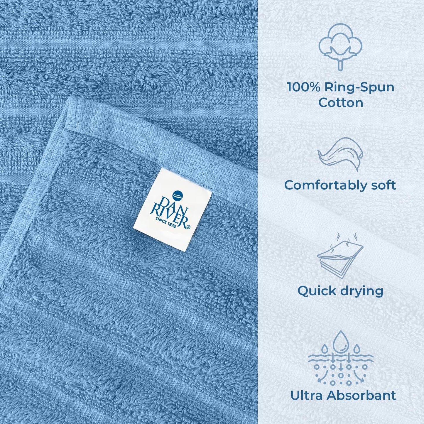 DAN RIVER Pack of 2 Bath Sheet 35x70 Inches, Ribbed Luxury Bath Towel Set, Extra Large and Quick Dry Soft Cotton Towels - Medium Blue