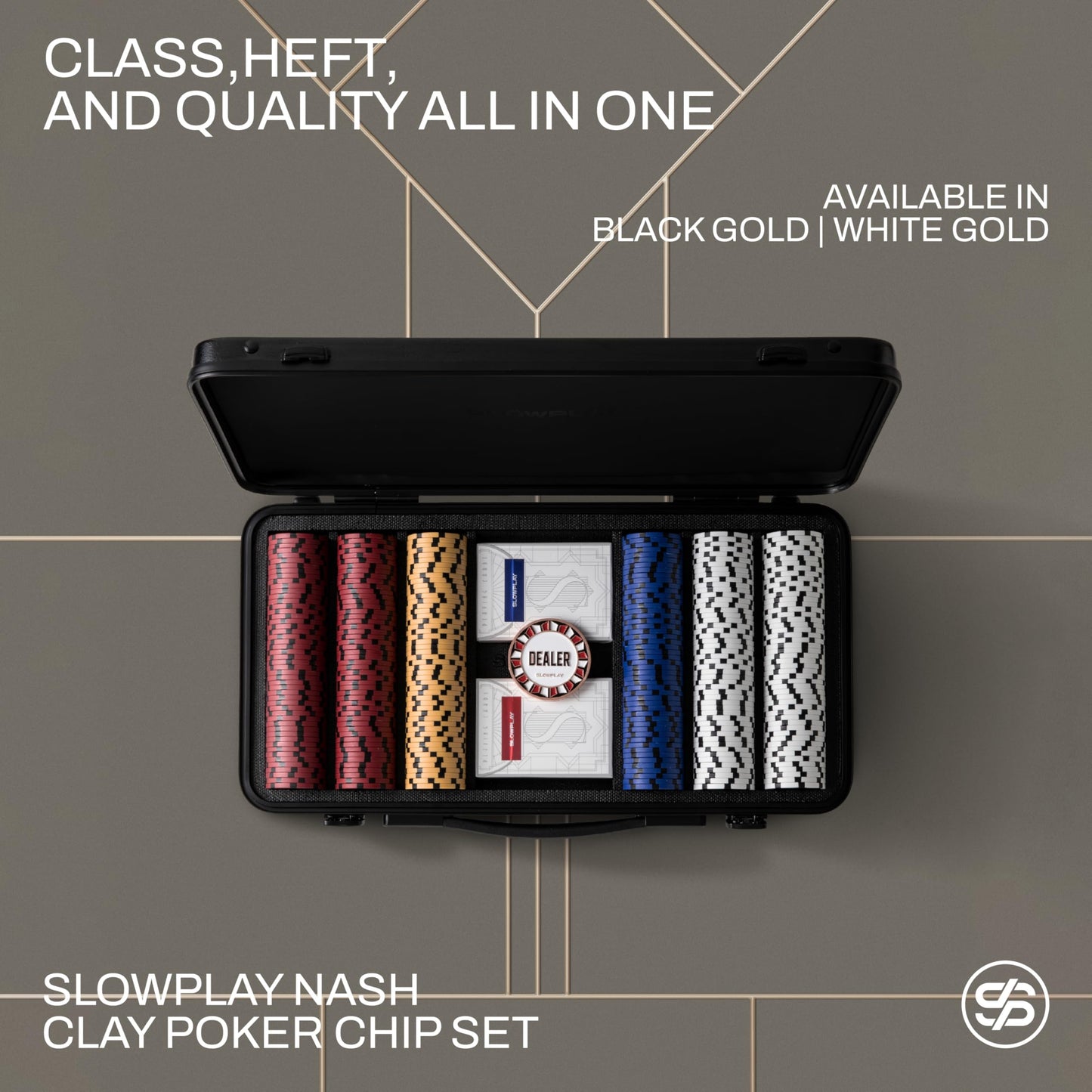 SLOWPLAY Nash 14g Clay Poker Chip Set for Texas Hold'em, 500 PCS [Blank Chips - White Gold Edition] Features a Premium Case with Durable German Polycarbonate Shell