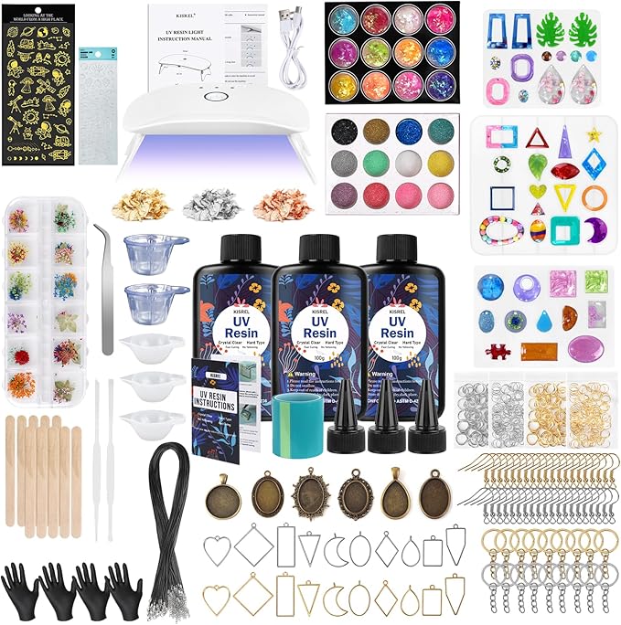 KISREL UV Resin Jewelry Making Kit, 300g Crystal Clear Resin with Light and Molds, DIY Jewelry Making Kit, Resina Starter ...