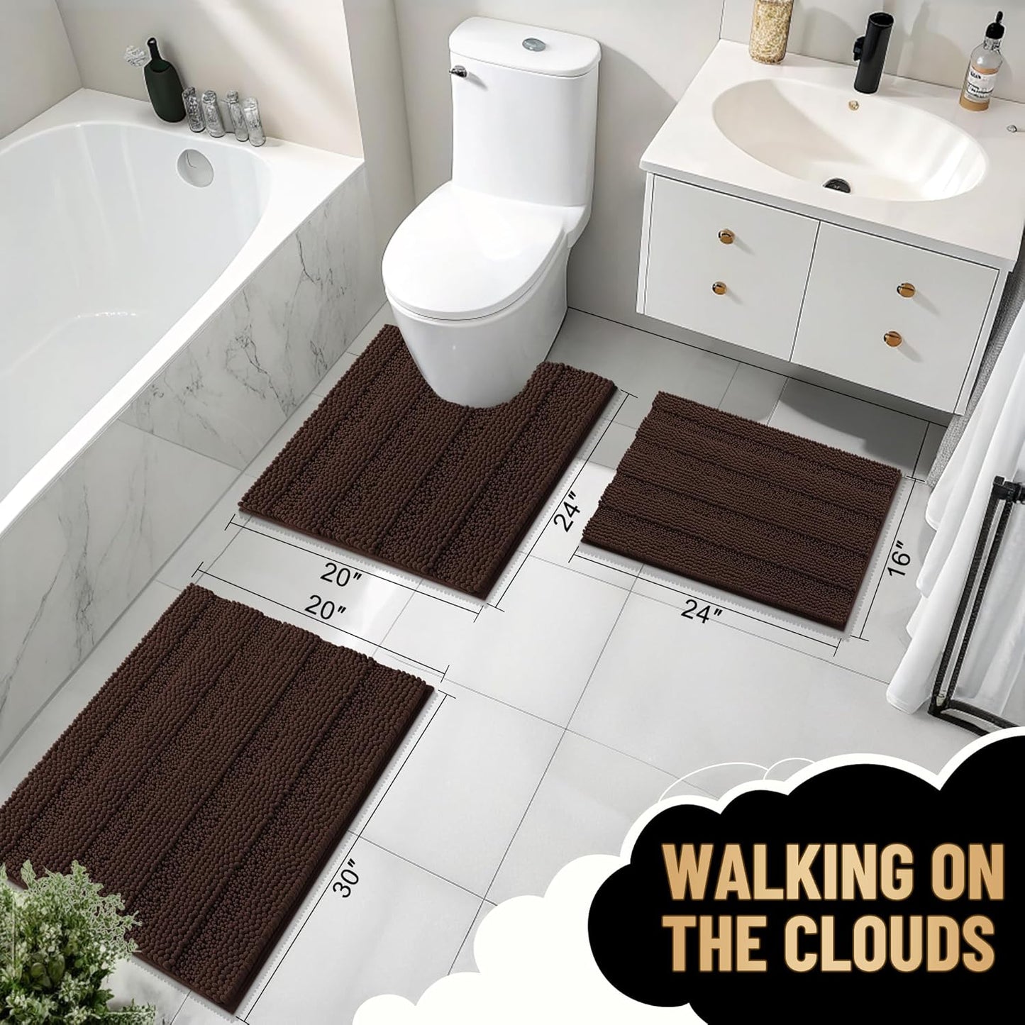 OLANLY Thick Bathroom Rugs 30x20, Extra Soft Absorbent Chenille Striped Bath Rugs, Rubber Backing, Machine Wash Dry, Bath Mats for Bathroom Floor, Tub and Shower, Home Decor Accessories, Brown