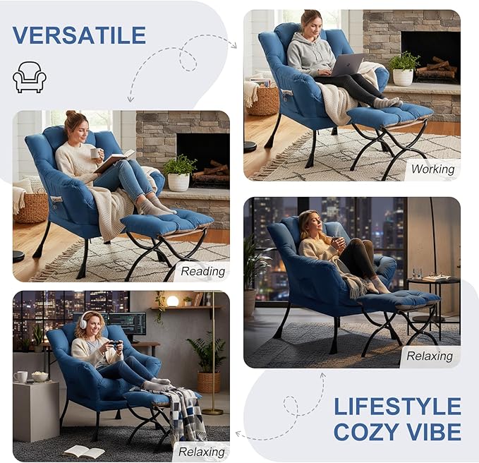 Furlide Lazy Chair with Ottoman, Modern Lounge Chair with Lumbar Pillow, Accent Cozy Reading Armchair and Folding Footstool for Bedroom, Dorm, Living Room,Peacock Blue