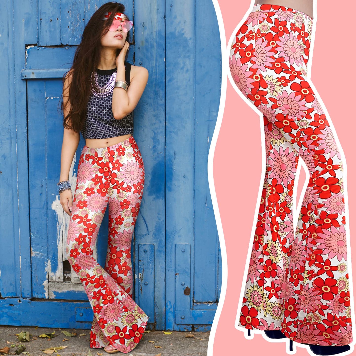 Tisancy 3 Pcs 60s 70s Outfit for Women Hippie Costume Set Disco Flared Pants Groovy Outfit Party Accessories(M Size, Flower)