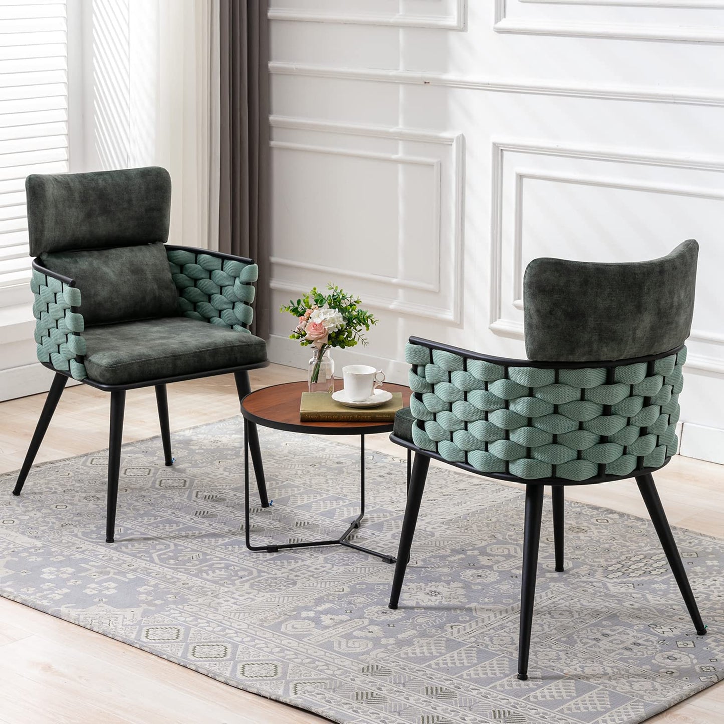 BFZ Mid-Century Modern Dining Chairs Set of 2, Handmade Woven Kitchen Chairs, Upholstered Velvet Dining Chairs with Metal Legs for Kitchen, Dining Room, Living Room