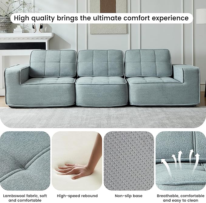 108" Boneless sectional Couch for Living Room,Convertible L-Shape Fleece Couches with Ottoman, Cloud Modular Sofa with Deep Seat for Bedroom, No Assembly, Grey