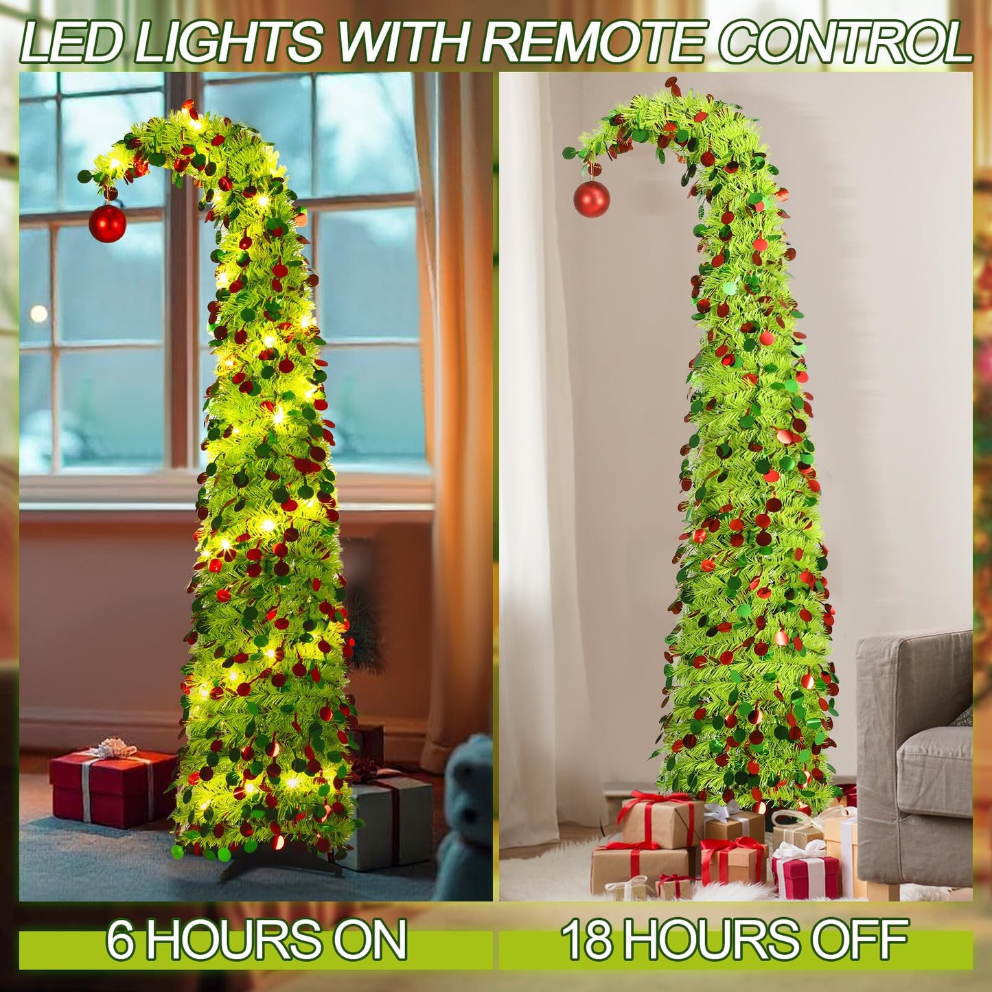 Aurelema 5 ft Christmas Whimsical Pop up Curved Tree with 50 LED Light String Decorations Curved Plastic Tree with Red Ball Top Red Lime Green Tinsel for Xmas Home, Apartment, Office