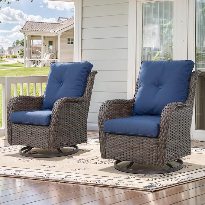 Belord Outdoor Swivel Rcoker Patio Chairs - Outdoor Swivel Patio Chairs Set of 2 Wicker Chair Patio Furniture Sets with Covered Cushion for Porch Deck Balcony Garden, Blue