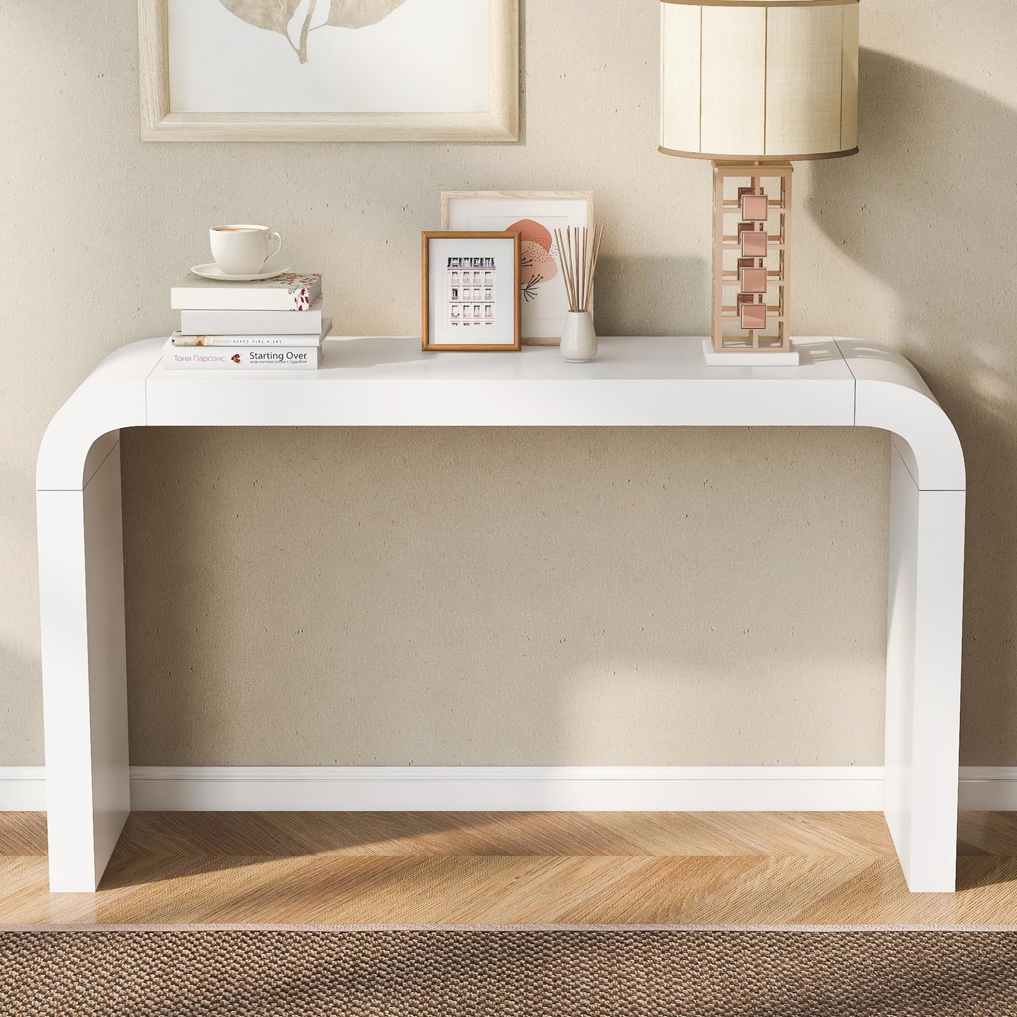 BSYEIO 52" Curved Console Table for Entryway Modern Long and Narrow Foyer Table Behind Couch for Corridor Living Room Wood (White)