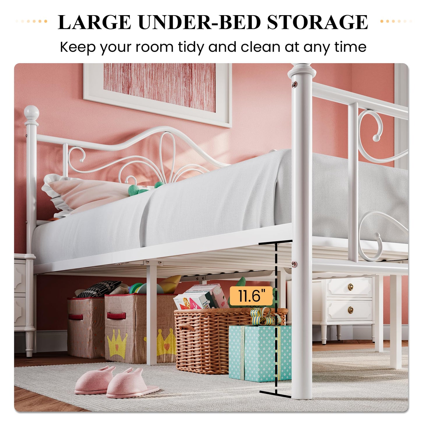 SHA CERLIN Twin Size Bed Frame for Kids,Metal Bed Frame with Butterfly Pattern Design Headboard & Footboard,No Box Spring Needed,Easy Assembly,White