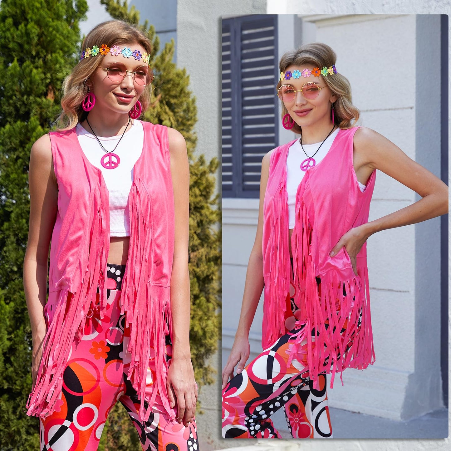 FunMular 60s 70s Outfits for Women Hippie Costume Set Peace Sign Earring Headband Fringe Vest Tassel Cardigan (Pink, M)
