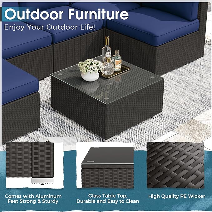 Crownland 8-Piece Outdoor Patio Furniture Sets with 45” Propane Gas Fire Pit Table, All-Weather Black Wicker Rattan Sectional Sofa with Coffee Table(Dark Blue)