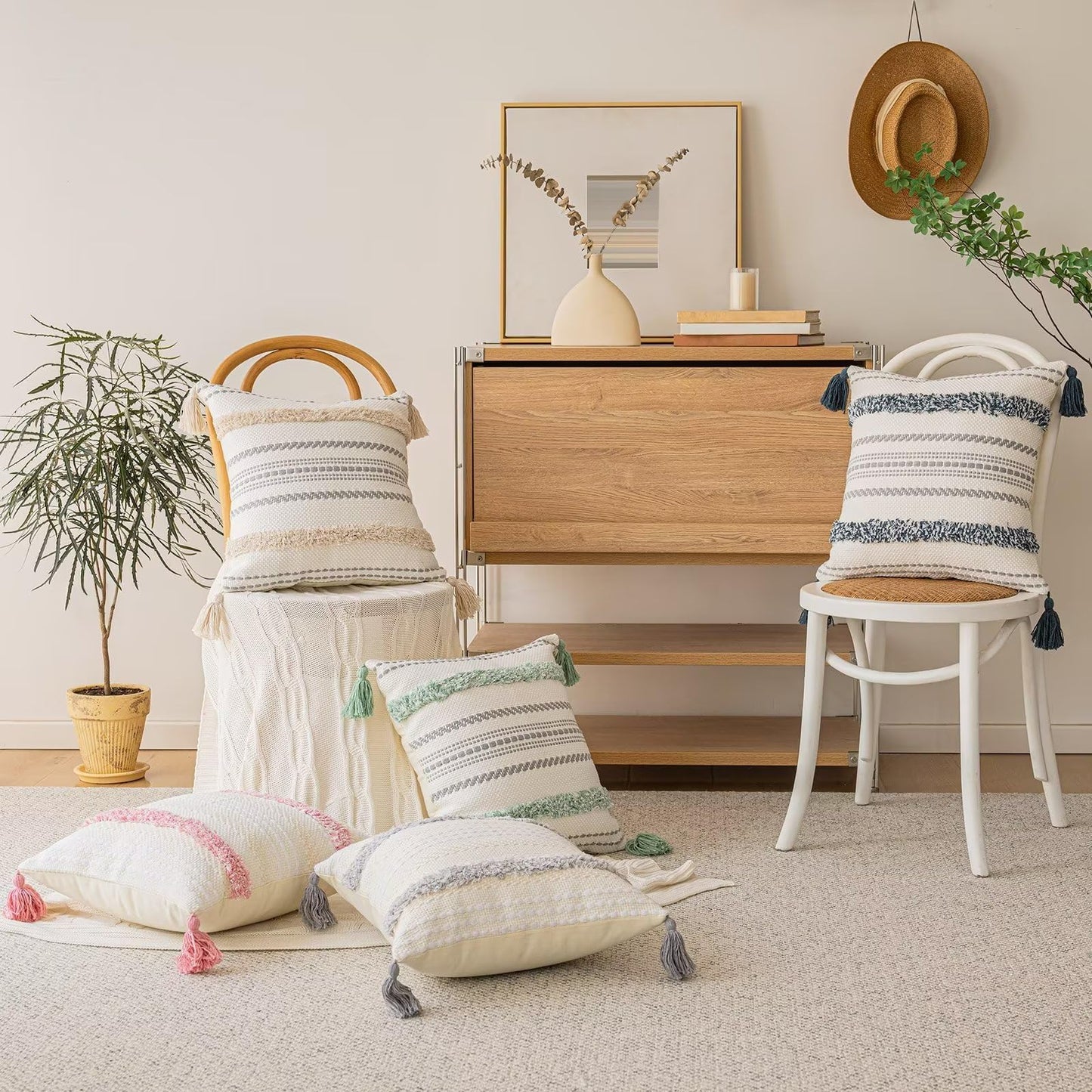 BUIOVBEY Boho Throw Pillow Covers 18x18 Set of 2 Woven Tufted Farmhouse Pillows Cover with Tassels Textured Striped Cushion Case Neutral Pillow Cases Decorative Pillowcase for Sofa, Couch, Bed, Khaki