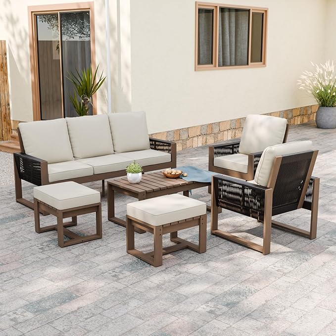 INTER HUT Rustic Hideaway Natural Cedar Wood Outdoor Furniture Set, Wicker Patio Conversation Set for Porch Garden Backyard, Couch, 2 Patio Chairs, Table and 2 Ottomans, 6 Piece, Brownish/Beige