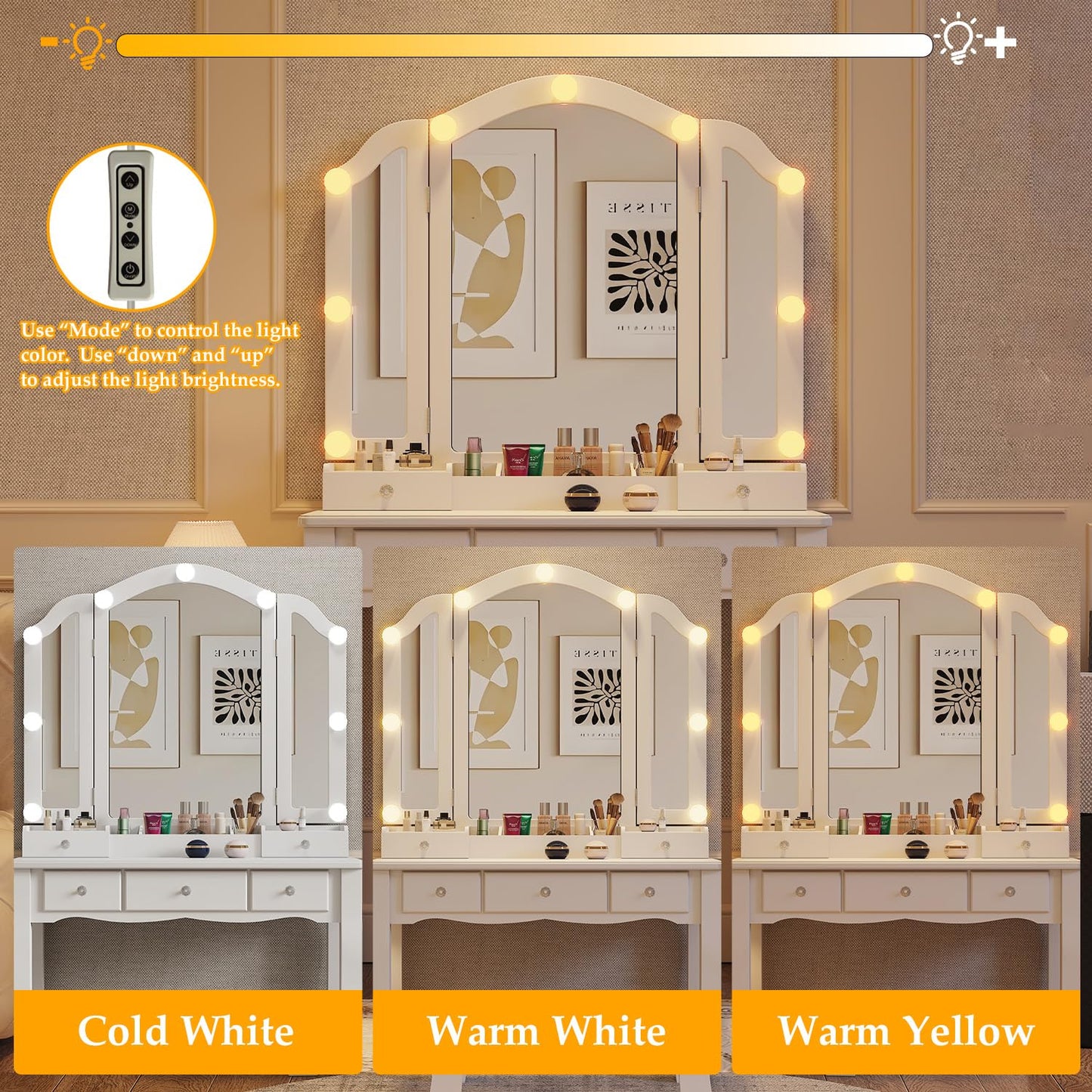Phonrida Makeup Vanity with Lights White Vanity Desk with Mirror and Lights Vanity Table with Lighting Vanity with Mirror with Lights and Drawers Vanity Mirror with Light Desk
