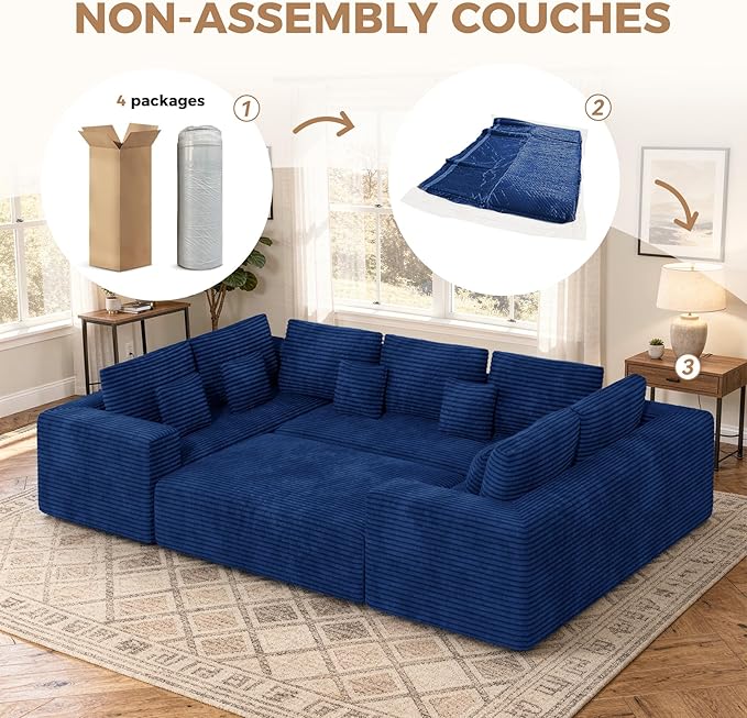 136'' Large Sectional Cloud Couches with Chaise, U Shaped Boneless Sofa Bed with Ottoman, No Assembly Required Deep Seat Modular Lounge for Living Room 4PCS Set, Bedroom(Blue)