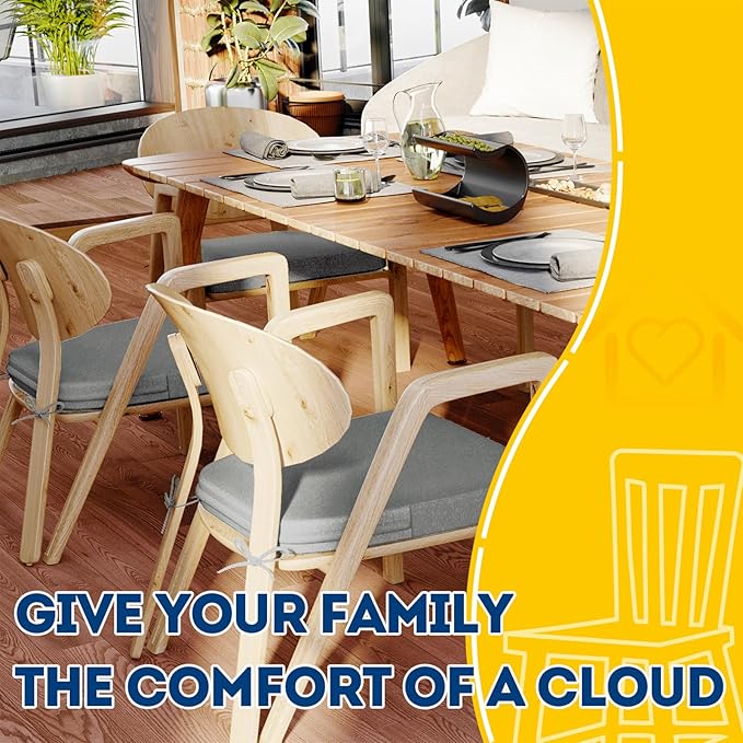 AAAAAcessories D-Shaped Chair Cushions, 2" Thick Dining Chair Pads with Ties and Removable, Machine-Washable Cover, 17" x 16", Set of 6, Gray