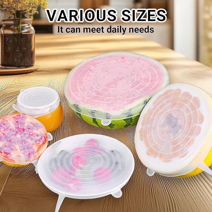 4 Pack 8.1in Reusable Silicone Stretch Lids, Silicone Bowl Covers for Food Storage, Universal Stretchable Lids for Containers Produce, Elastic Expandable Seal Cover, Microwave Freezer Safe