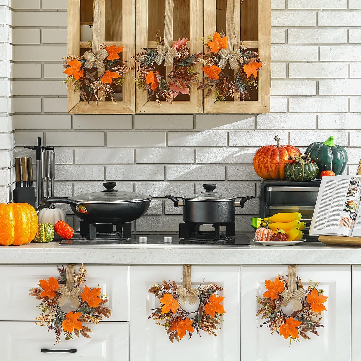 Hoteam 6 Pcs Fall Mini Wreath Thanksgiving Kitchen Cabinet Wreaths with Bow Ribbon Maple Autumn Artificial Faux Garland Small Farmhouse Decorative Garland for Front Door Wall Window(Fall Leaves)