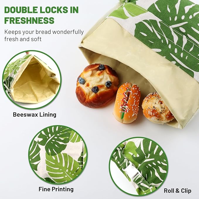 2 Pack Reusable Beeswax Food Wraps Breads Bags for Homemade Bread Loaf, Organic Cotton XL Sourdough Beeswax Bread Bag Supplies Sandwich Wrapper, Sustainable, Fresh Keeping, Food Storage Containers